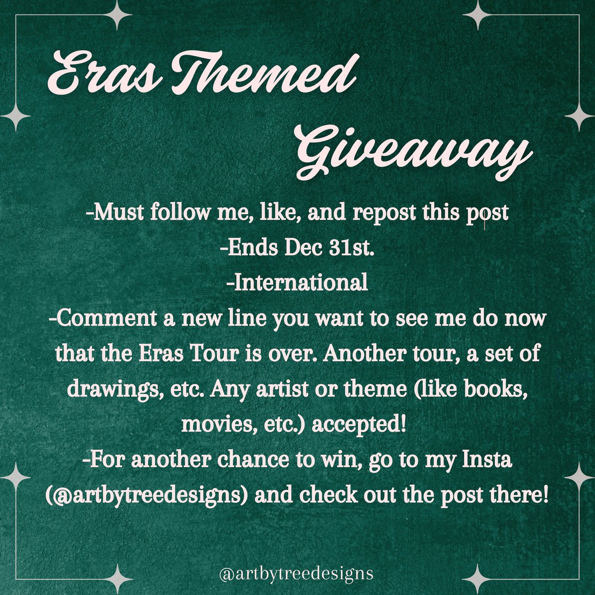 Willow_Reads's tweet photo. ❄️GIVEAWAY❄️

Winner receives HUGE Eras Gift Box!

Ends Dec 31st

Follow, like, and rt

Comment what new line you want after the end of the Eras Tour. Another tour, artist, another theme (books, movies, etc.) 

For another chance to win, check out my Insta (@artbytreedesigns)! https://t.co/xOdG4FHUgP