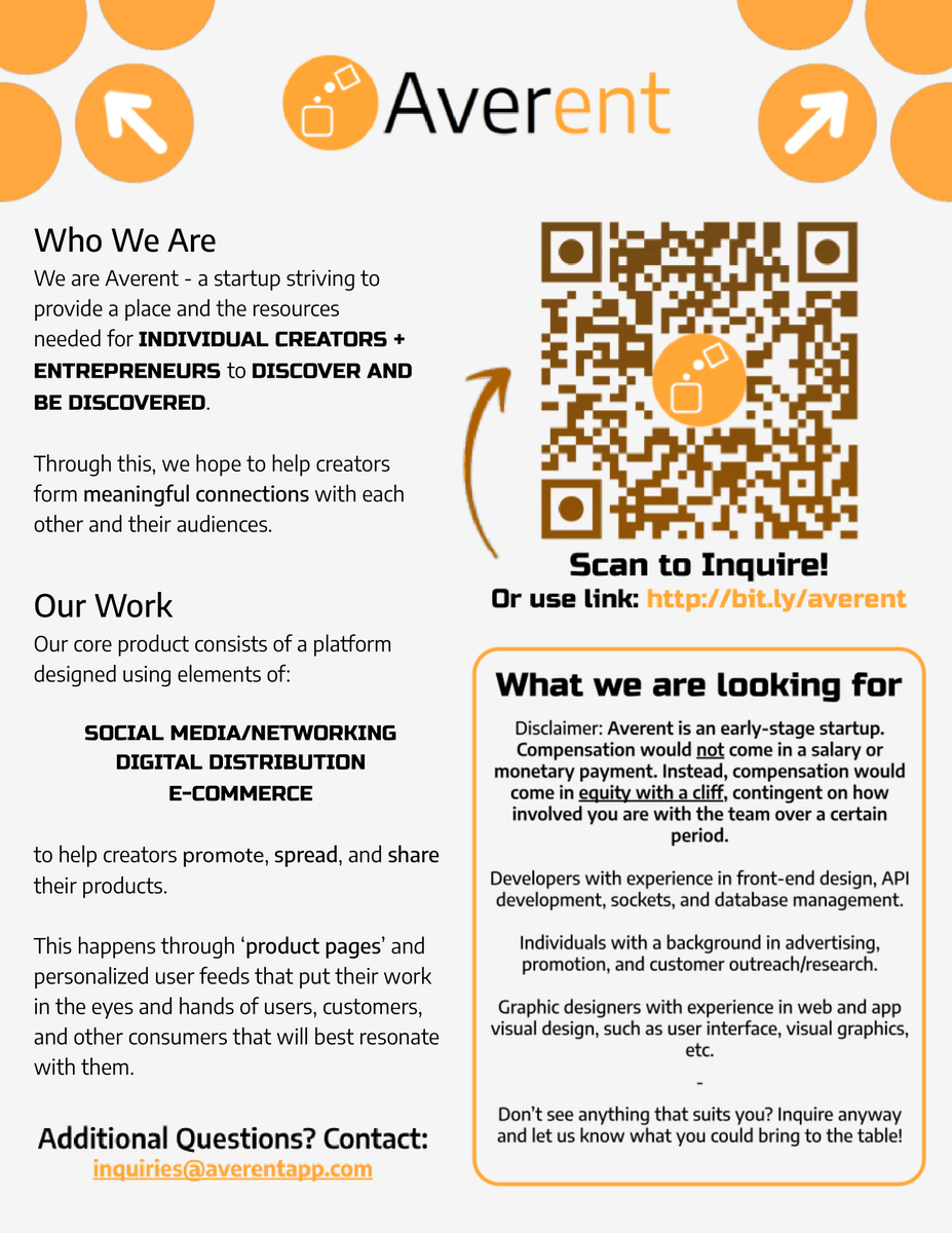 AverentApp's tweet photo. We are Averent, a startup working to build the ultimate platform for small individual creators, entrepreneurs, and anyone else to discover and be discovered! We are recruiting and also looking for feedback on our new platform!  

Built by students at @PaceUniversity and @UCalgary https://t.co/X16gmQ7683