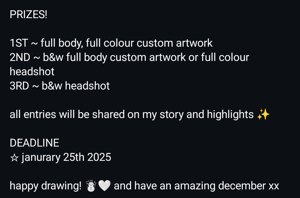 ohhono____'s tweet photo. 2024 DTIYS CHALLENGE! ✨ 

🌜 reimagine my drawing in your own style! 

🌜 deadline is 25th janurary 2025

🌜 prizes are listed in the attached photo! 

happy drawing!☃️🤍and have an amazing december x

#dtiys #dtiyschallenge #artcompetition #illustration #drawthisinyourstyle https://t.co/lSehhAsa92