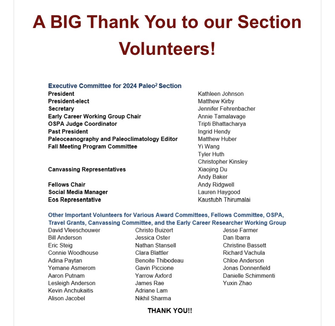Thank you to our volunteers! Are you interested in volunteering? Let us know! 

Our section hosts multiple networking, travel grants, initiatives and more throughout AGU Fall Meeting and the year - consider donating to our section.
