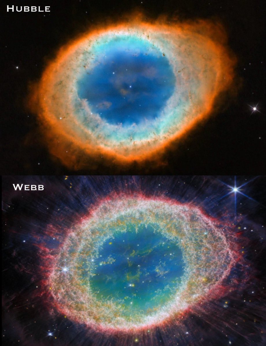FarLife1's tweet photo. Hubble vs Webb — The Ring Nebula

Which image do you prefer? https://t.co/boKvm1nXe6