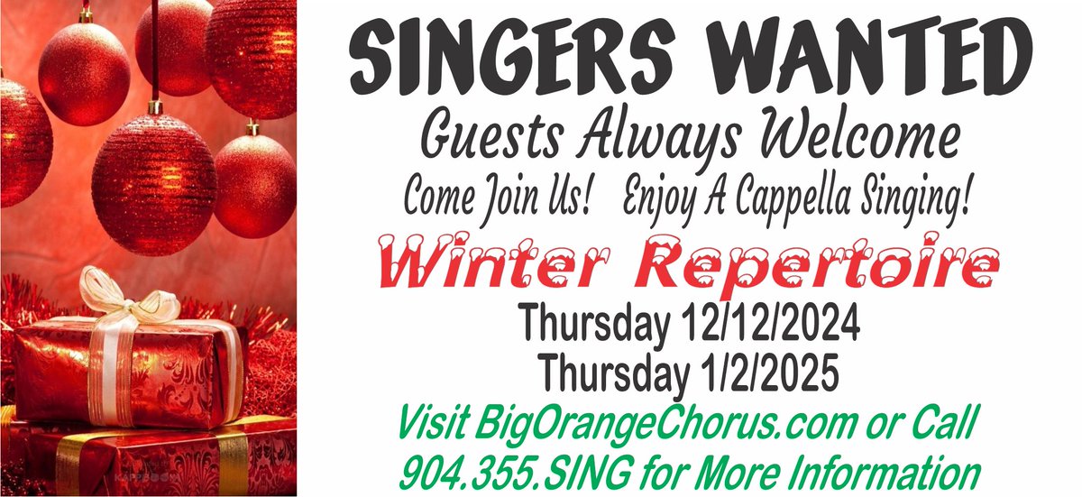 You saw us on Saturday at Jacksonville University for our annual Christmas show. Now come and visit us the next two Thursdays. Step up and join us on the risers as we "sing-in" the New Year!