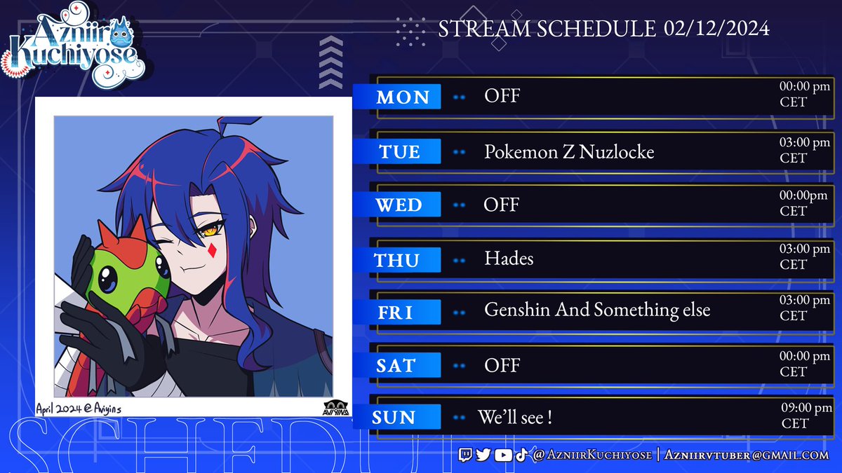 AzniirKuchiyose's tweet photo. STREAM SCHEDULE !

I'm gonna try to stick to those hours this week, let's see how it goes !
hashtags of the channel so far: 
🎨#Aznillust
🔞#Aznudist

art by: @/aviyins_ 
#VtubersUprising #VtuberEN https://t.co/7R2c71boQn