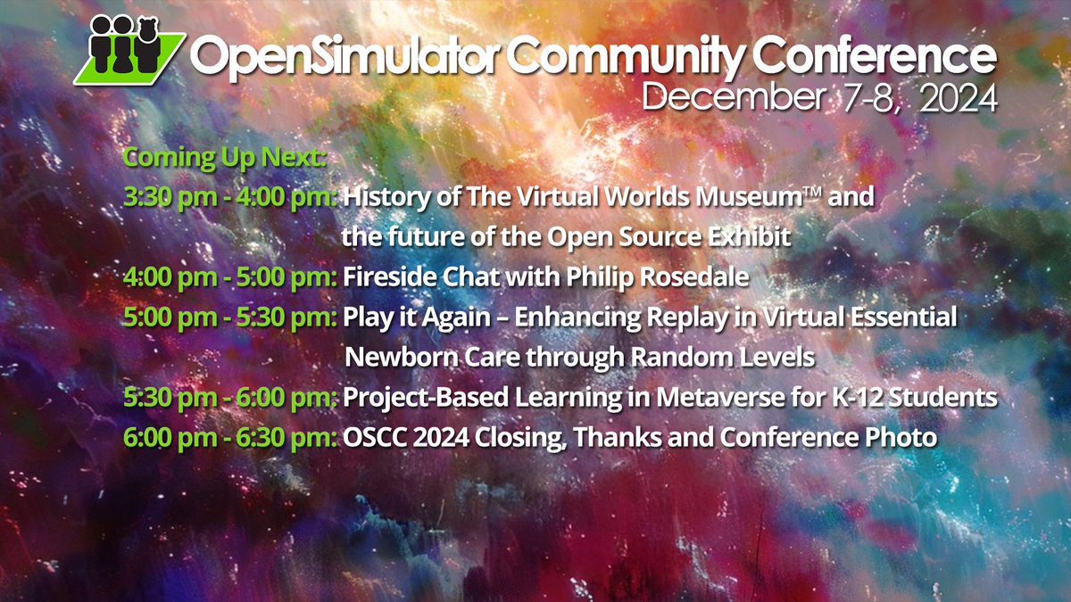 opensimcc's tweet image. Last stretch @ #OSCC24 Starting at 3:30 PM: History of The Virtual World Museum
Schedule: conference.opensimulator.org/schedule/
Register & support OSCC: conference.opensimulator.org/register
Join us on the hypergrid: cc.opensimulator.org:8002
Youtube: youtube.com/c/AvaconOrg/li…
#Metaverse #opensource