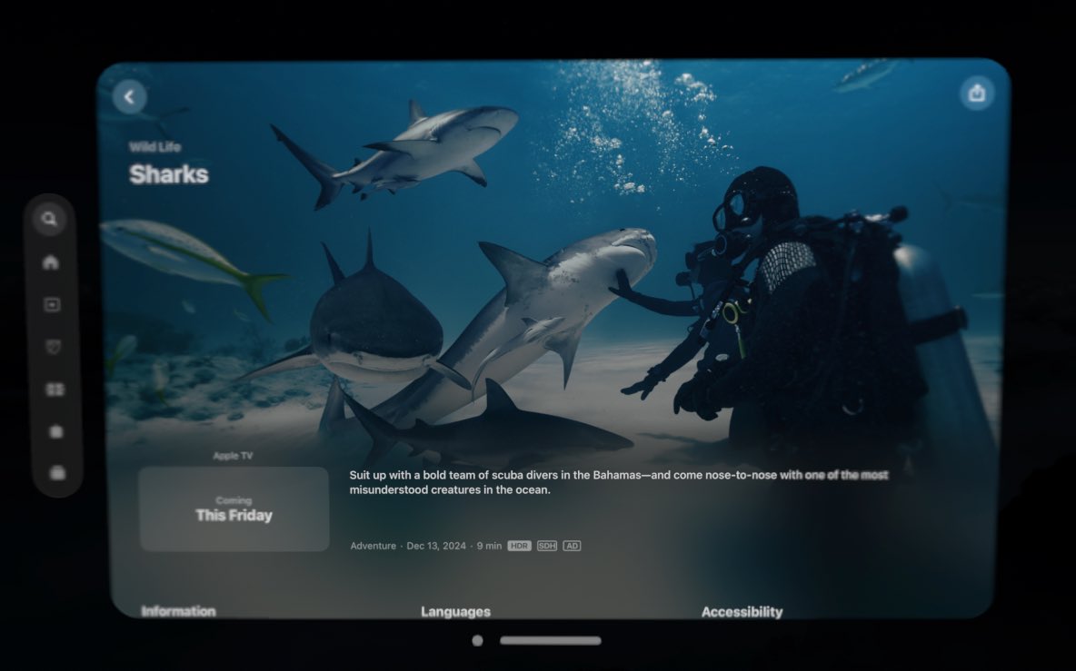 New Apple immersive video ‘Wild Life: Sharks’ coming this Friday.

9 minutes long.