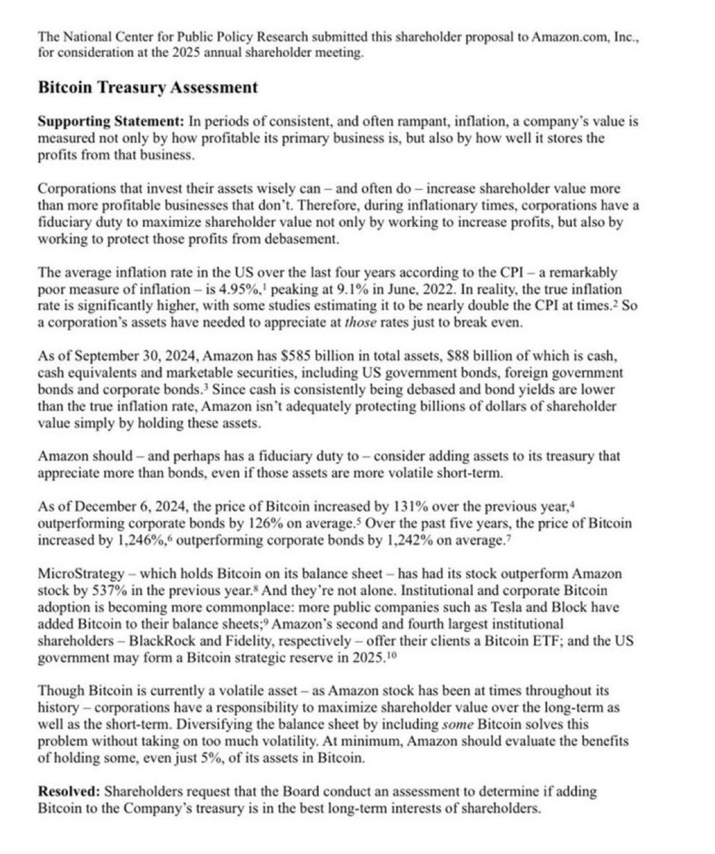 techconcatalina's tweet photo. 🔥BRUTAL🔥

💥El accionista de #Amazon, el Centro Nacional de Investigación de Políticas Públicas, presenta una PROPUESTA para que #Amazon adopte #Bitcoin como ACTIVO de RESERVA de TESORERÍA. 🤯

Fuente: @BitcoinMagazine https://t.co/B8yYEoaN4s