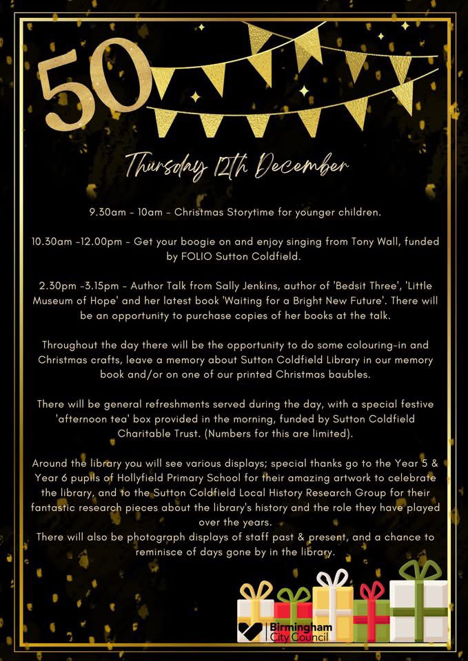 FOLIOsutcol's tweet photo. Come along on Thursday to help @BhamCityCouncil’s @SuttonLibrary celebrate 50 years 🎂 #BrumLovesLibraries https://t.co/EUHbnBOEel
