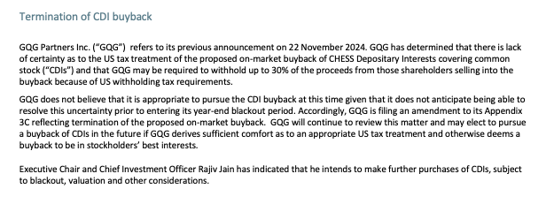 ExcessDefaults's tweet photo. Imagine initiating a buyback and not knowing the tax consequences of said buyback. Kind of a farce that $GQG.AX is listed down under. https://t.co/fkLgIuAVyr