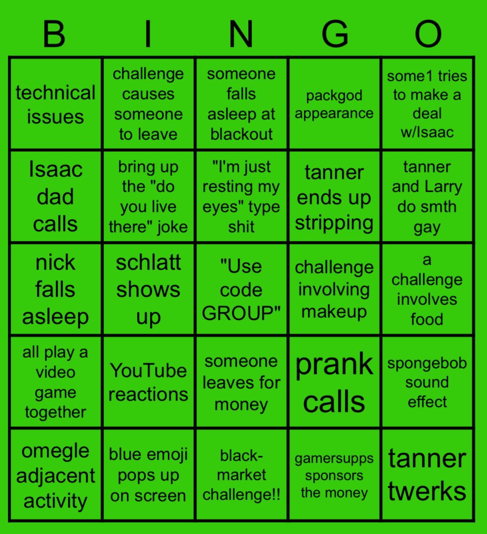 sammonellaaa's tweet photo. LTLVC 5 Bingo Card :D feel free to use it when the time comes…almost put nick falling asleep first on the free space but y’know #Isaacwhy #LTLVC #thegroupchat #lasttoleavevc #thegroup https://t.co/3RWcmiYX6b