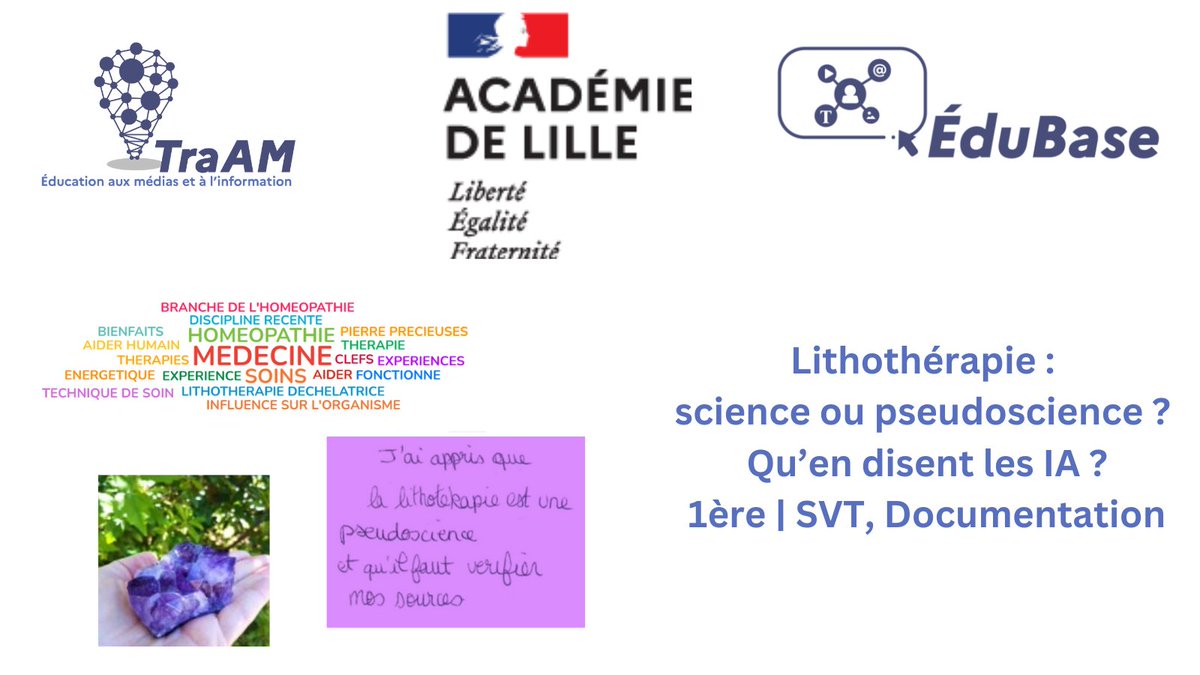 EMI_edu_num's tweet photo. #TraAM #EMI 2024 | @AcLille
Évaluer l'information à l'ère du numérique artificiel 

Lithothérapie : science ou pseudoscience ?
#édubase #EMI #SVT #IntelligenceArtificielle 
✅Sciences, croyances, opinions 
✅Les #IA pour évaluer un discours scientifique ?
https://t.co/SZxXlYnYib https://t.co/gaPjh5iCO5