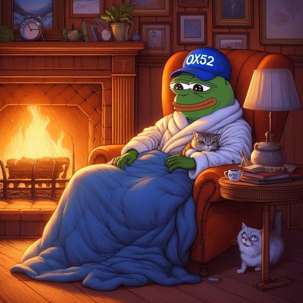 Whiskas is comfy in spot wif my cats. 🐈

Hope you had a restful weekend on yet another ATH day for Based $PEPE. Almost at $80M market cap, and we have barely even begun, wew. 🔥

Whiskas is feeling grateful for the based 0x52 community that makes it all happen. 🙏