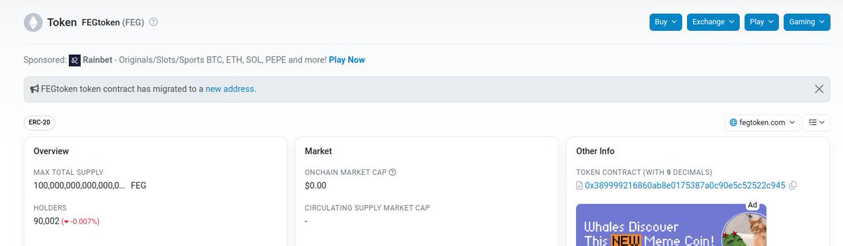 cyb3rcrypt0's tweet photo. Feg is shit, a total failure, too many contracts, the hacked exchange (fegex), the Rox failure, they did not do the community right. There should have been air drops so that people did not have to pay gas fees and stuff. Believe me, I've been around long enough and saw all failures. The dev back then was very talented, probably one of the most technical I've seen, but the project is crap. Don't believe me? Here are some of the contract addresses. The deployer wallet had a lot of suspicious tokens. DYOR! Big red flag! You may want to reconsider where you put your money! NFA, do your own research! Note: See all the holders left behind for each contract . . . See the screenshot for a token that even etherscan labaled as misleading people, see how many users affected. Red flag after red flag!!!! People, wake up!!!

Deployer wallet: 

Feg old contract:
0x091c6317Df97e1Fc9973A5E9a39E8A7fC727BfBe

Feg staking: 0x091c6317Df97e1Fc9973A5E9a39E8A7fC727BfBe

Feg another old contract: 
0x6b9BD903ed0A7FA98cA17Eb8AF374de01535b501

Feg another  old:
0xf786c34106762Ab4Eeb45a51B42a62470E9D5332

ROX: 
0x091c6317Df97e1Fc9973A5E9a39E8A7fC727BfBe