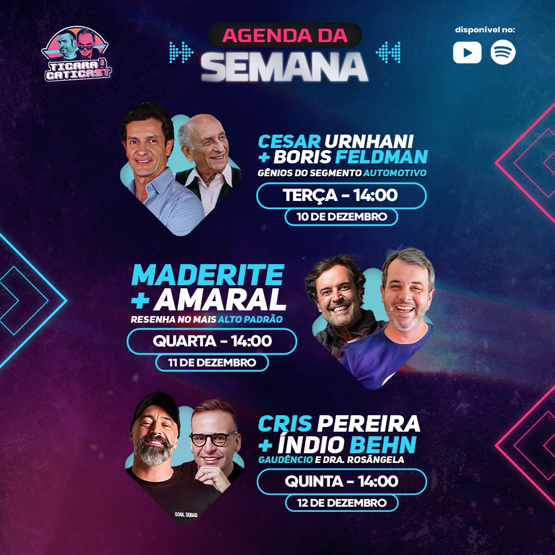 ticaracaticast's tweet photo. 🚨 É AGENDA DO #TICARACATICAST PASSANDO NA SUA TL 🚨
Essa semana é da resenha boa com muito papo de qualidade e humor!  

Curtiu? 😎
Comenta aqui seu dia favorito 👇

#Bola #Carioca #Ticaracaticast #Maderite #BorisFeldman #Amaral #CesarUrnhani #CrisPereira #IndioBehn https://t.co/0MeE1uWysK