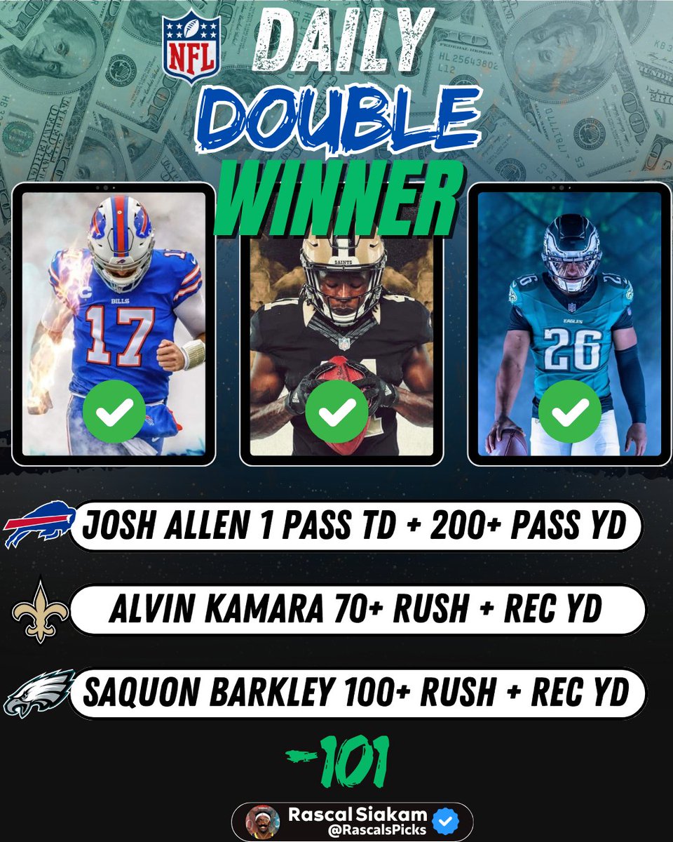 💰💥 DAILY DOUBLE CASH 💥💰

✅Josh Allen: 1 Pass TD + 200+ Pass Yards
✅Alvin Kamara: 70+ Rush + Rec Yards
✅Saquon Barkley: 100+ Rush + Rec Yards

🧠 If you're not tapping into the FREE Cheat Sheets I post - you're missing out!

🔥 More winners on the way. Let’s keep the
