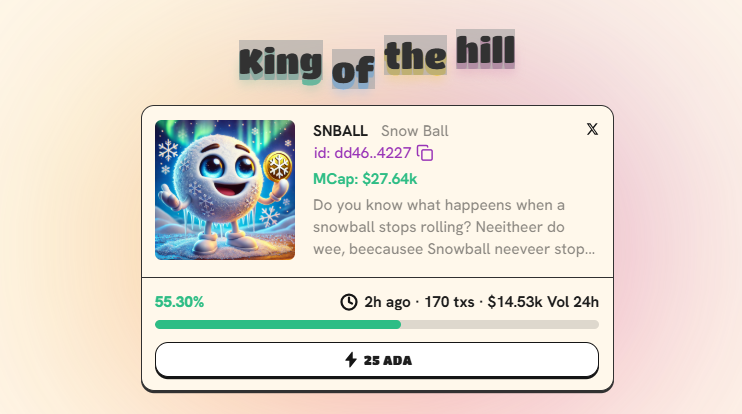SnowBallADA's tweet photo. The King of the Hill is here!
👑❄️ Snowball $SNBALL just claimed the throne on @SNEKFUN! The King of the Hill doesn’t just roll – it dominates. Are you ready to ride the momentum or just watch the crown sparkle from afar?
https://t.co/QY0RM408fZ
 #SNBALL #KingOfTheHill #SNEKFUN https://t.co/ci6FlJbRd9