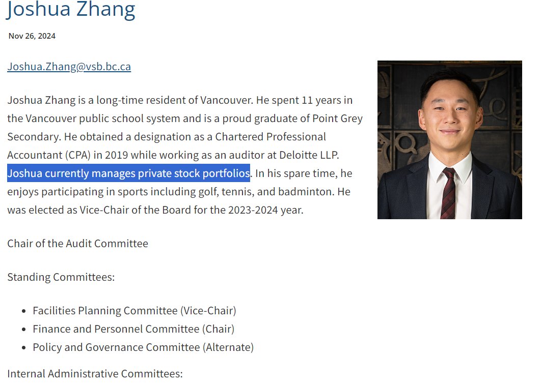 BcMeggster's tweet image. Sounds like Joshua Zhang needs an audit. He's on @VSB39 board for Mayor Ken Sim &amp;amp; manages PRIVATE STOCK PORTFOLIOS. Aren't there laws against him voting for the public land sale to private portfolios? @dave_eby @cbcnewsbc @KahlonRav @FINTRAC_Canada @cpa_bc  @lisabeare #vanpoli