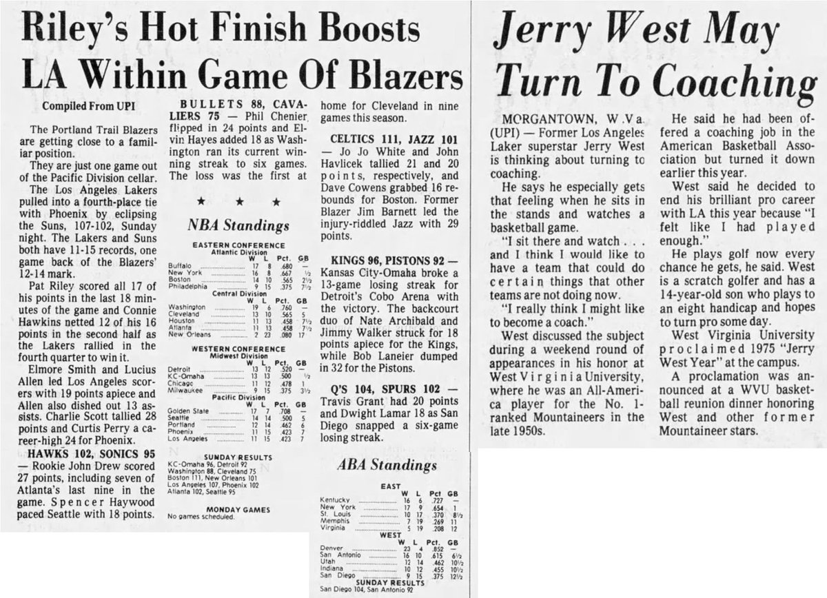 77Blazers's tweet photo. December 8 1974 - The rumored retirement of @trailblazers rookie #BillWalton were stopped when the #Blazers owner #HermanSarkowsky issued a statement this morning. 

The rumor stated a few days ago when Waltons' advisor #SamGilbert replied to a question about the center's status. Gilbert said Walton was unhappy and was considering quitting due to injuries and the style of play in the pros, compared to college at @UCLA. 

In other @NBA news, former @Lakers great #JerryWest, who retired last season, is looking to possibly coach. West acknowledges he turned down a job offer from an ABA team before the 1974/75 season.

#RipCity #ThisDateinBlazersHistory