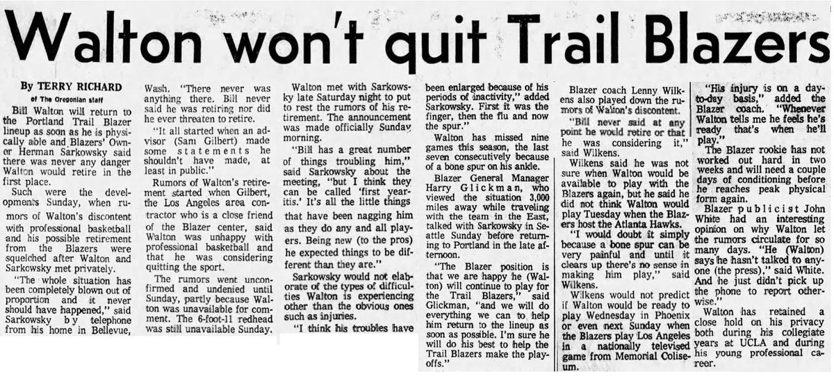 77Blazers's tweet photo. December 8 1974 - The rumored retirement of @trailblazers rookie #BillWalton were stopped when the #Blazers owner #HermanSarkowsky issued a statement this morning. 

The rumor stated a few days ago when Waltons' advisor #SamGilbert replied to a question about the center's status. Gilbert said Walton was unhappy and was considering quitting due to injuries and the style of play in the pros, compared to college at @UCLA. 

In other @NBA news, former @Lakers great #JerryWest, who retired last season, is looking to possibly coach. West acknowledges he turned down a job offer from an ABA team before the 1974/75 season.

#RipCity #ThisDateinBlazersHistory