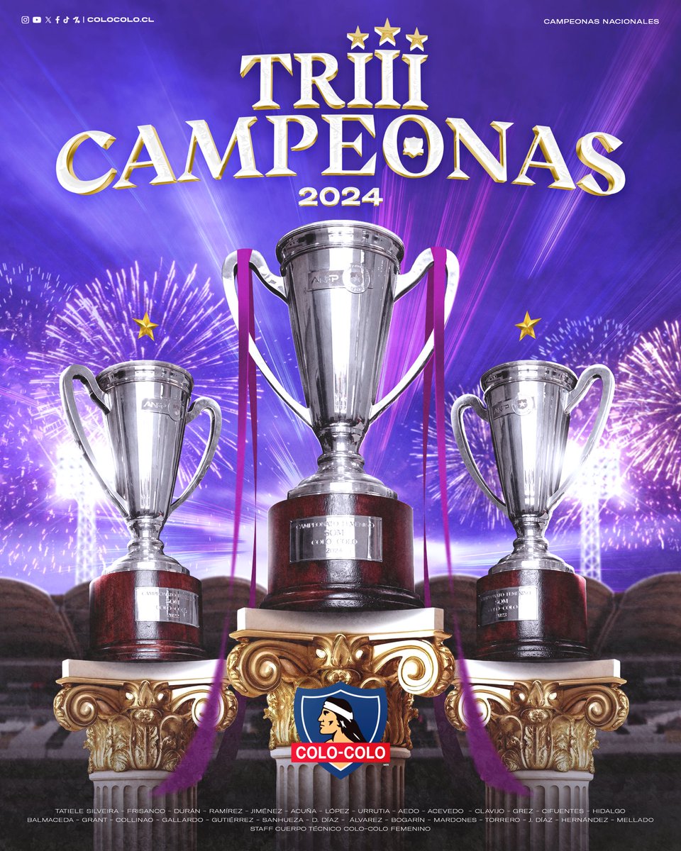 ColoColoFem's tweet photo. ¡𝐒𝐎𝐌𝐎𝐒 𝐓𝐑𝐈𝐂𝐀𝐌𝐏𝐄𝐎𝐍𝐀𝐒! 🏆🏆🏆

Colo-Colo alzó su décimo sexto título de Primera División y estiró su ventaja como el equipo más laureado en la historia del fútbol femenino chileno 🤟🏻🇨🇱

#VamosLasAlbas
#VamosPorTodo https://t.co/ARlXJ3v4UU