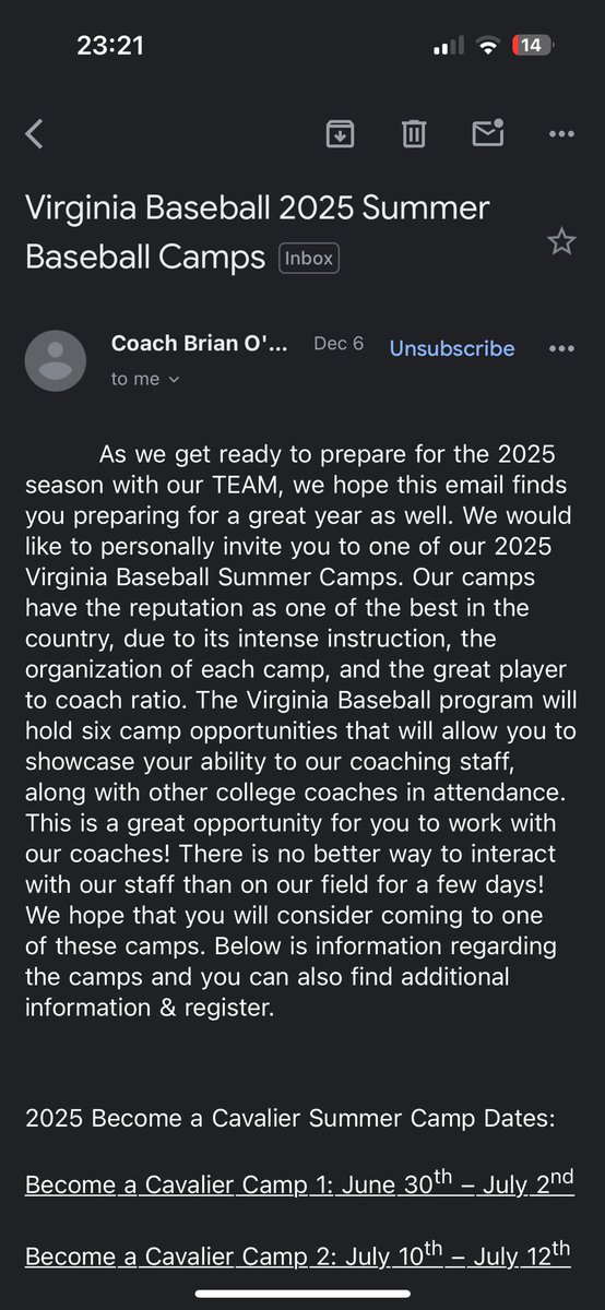Thanks coach!! #virginiabaseball