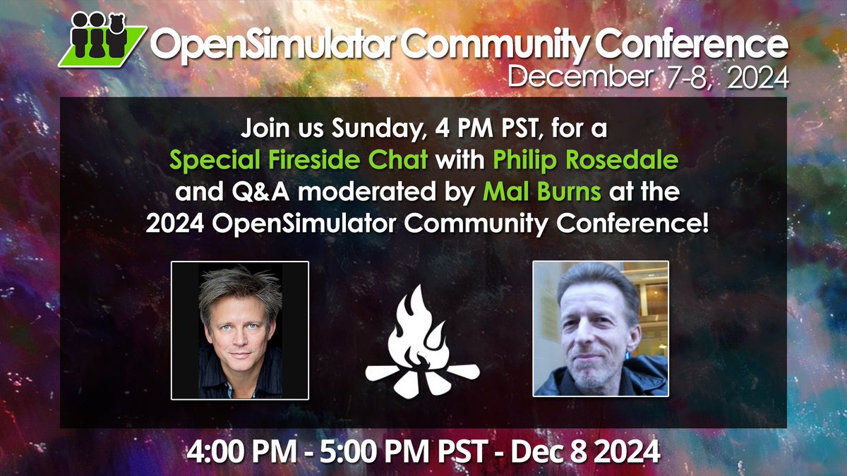 opensimcc's tweet image. Join us for a Special Event Now Sunday, December 8, 2024 from 4pm – 5pm SLT a fireside chat with Second Life’s founder Philip Rosedale!
Join us on the hypergrid: cc.opensimulator.org:8002
YT: youtube.com/c/AvaconOrg/li…
Check out our Schedule: conference.opensimulator.org/schedule/