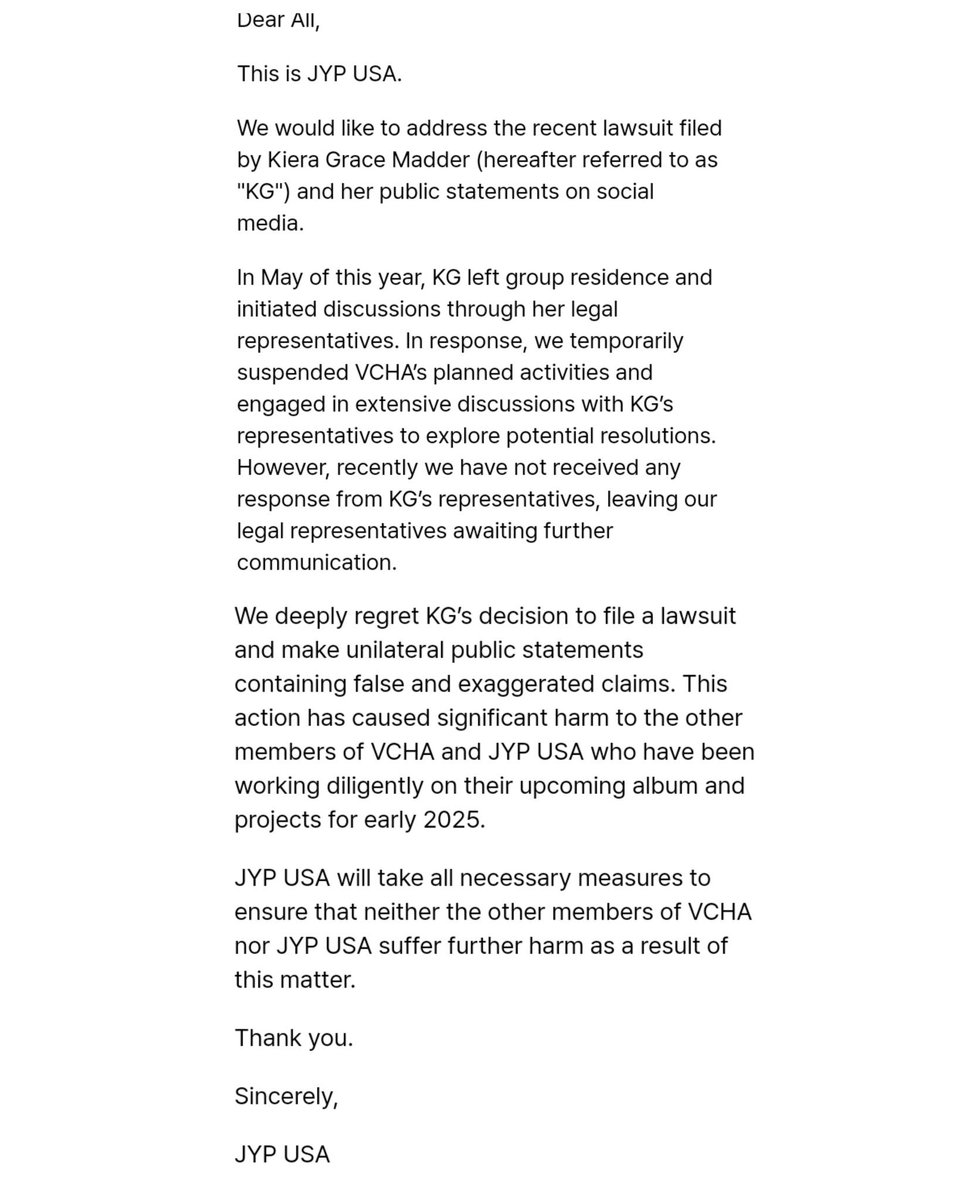 GIRLSETBRASIL's tweet photo. A JYP Entertainment alega que a declaração de KG é ‘falsa e exagerada’ e que essa ação causou danos significativos aos outros membros da VCHA e da JYP USA. 

PROTECT VCHA AND WE STAND WITH KG 
#FightingforVCHA
#WeLoveYouKG
#AlwaysWithKG https://t.co/57wvUwxWTK