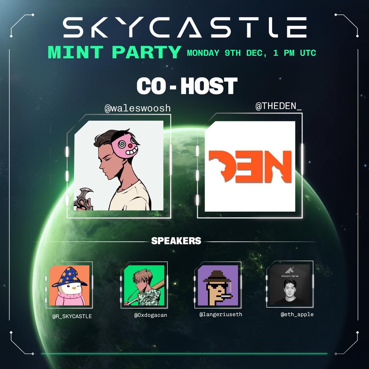 🎉 SkyCastle Mint Party 🎉

The moment we’ve all been waiting for is finally here!

Join us tomorrow with <a href="/waleswoosh/">wale.moca 🐳</a>, <a href="/thed3n_/">D3N</a>, and our esteemed guests for an unforgettable Twitter Space mint party! 🏰✨

📅 Monday, December 9th
⏰ 1 PM UTC
📍 Set your reminder below! 👇