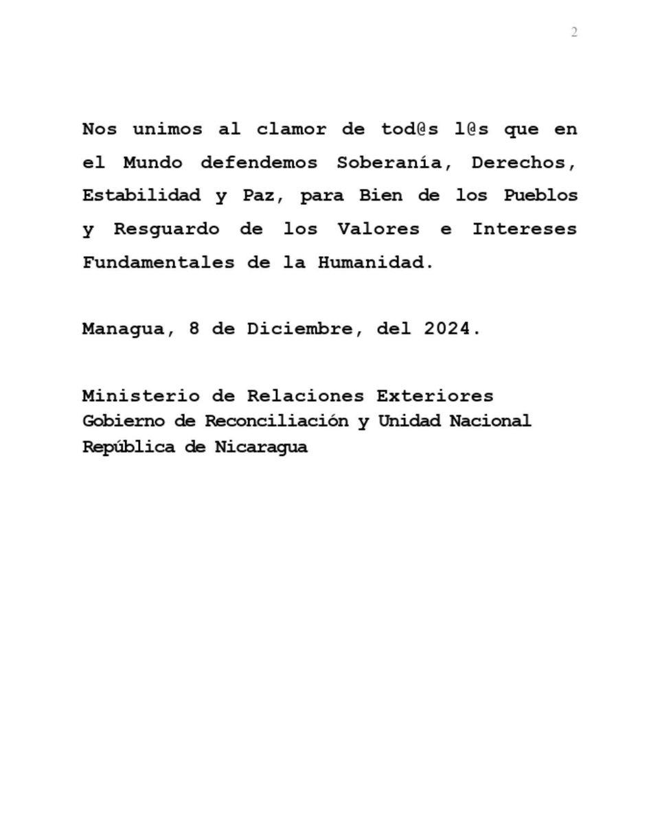 🌍✊ Desde el Gobierno de Reconciliación y Unidad Nacional, en nuestra Nicaragua, Bendita y Siempre Libre, expresamos nuestra reflexión sobre la situación en la Hermana República de #Siria 🇸🇾.