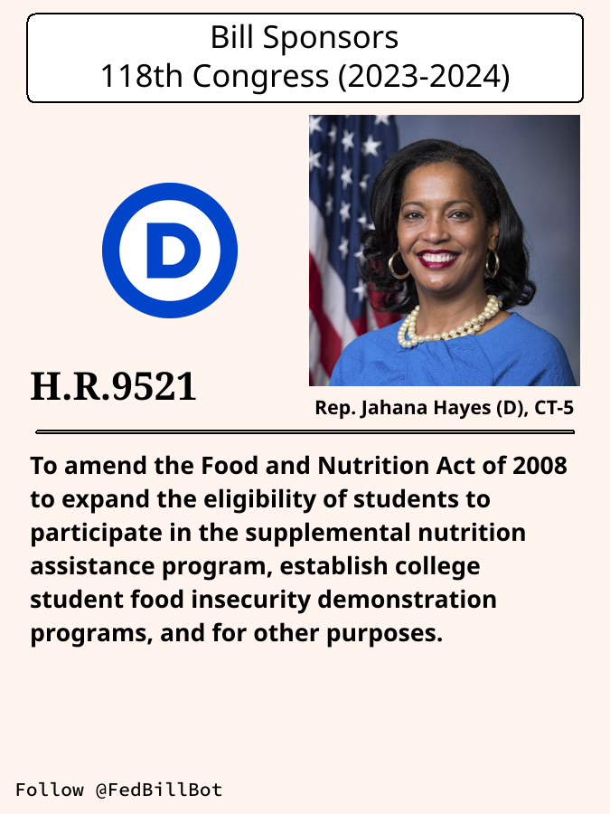 FedBillBot's tweet image. H.R.9521
Student Food Security Act of 2024

SPONSOR: @RepJahanaHayes @joannadhayes
№ CO-SPONSORS: 31

STATUS: Introduced

LATEST ACTION: House committee - 2024-09-23 Referred to the ...

#Democrats

congress.gov/bill/118th-con…