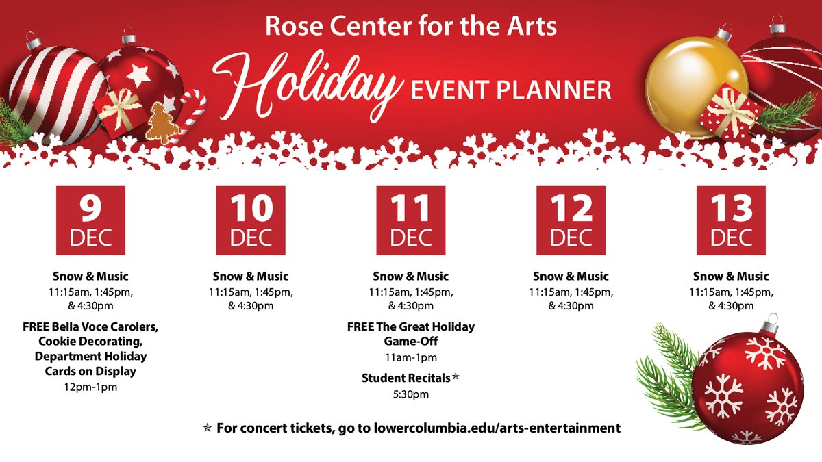 LowerCC's tweet image. Enjoy some Finals week Holiday events at the LCC Rose Center! Come get your winter photos in the beautiful winter wonderland, attend the Student Recital with some friends and family and more!  #ASLCC #LCCevents #LowerColumbiaCollege #LowerCC #HolidayEvents