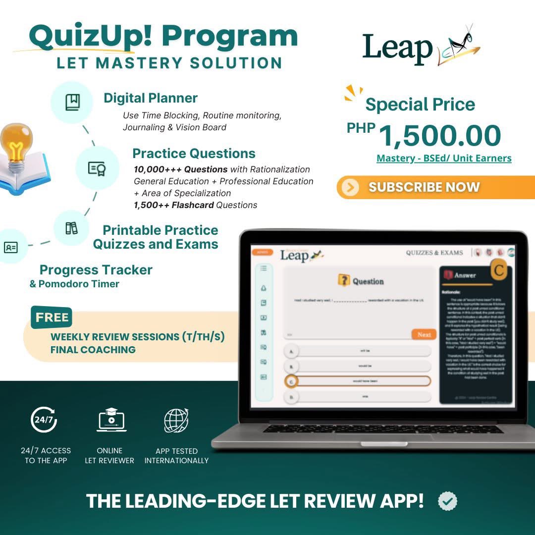 LeapReview's tweet photo. QuizUp! Program: Your New Review Bestie for the LET! ✨

Email: mentor@leapreviewapp.com
#LET2025  #futureeducators #LET2025 #BoardExamTips #BoardExam2025 #LETReviewer #TheLEAPwasWorthit #foryou #foryouシ #freelet #freeletreview #BLEPT #letexam2025 #march2025let https://t.co/Jru0jusWO6