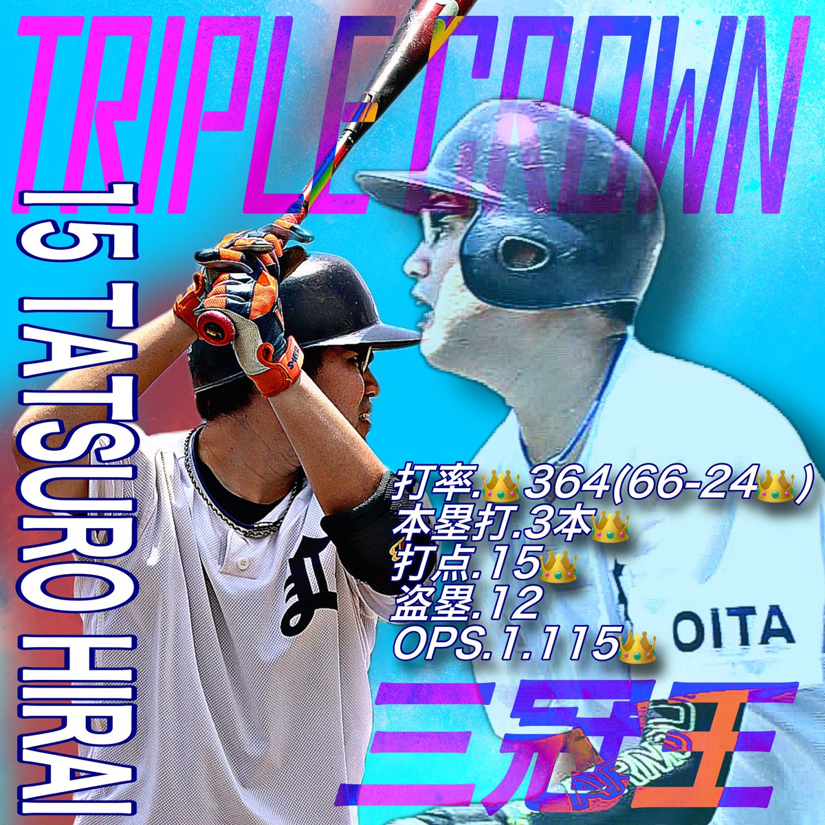 labo_bc's tweet photo. 2024シーズン
チームタイトル

三冠王
(首位打者.364 本塁打 3本　打点 15)
最多安打　24本

#15 平井達朗

#labo 
#シーズンタイトル https://t.co/gINyfuNRYs