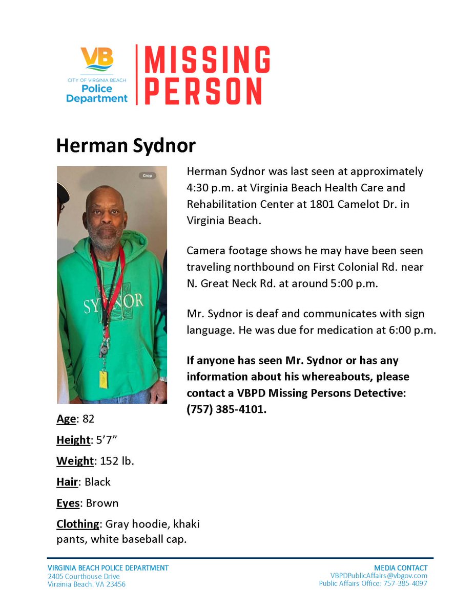 MISSING PERSON ALERT! If you have any information about this individual's whereabouts, please contact the VBPD Detective Bureau at 757-385-4101.