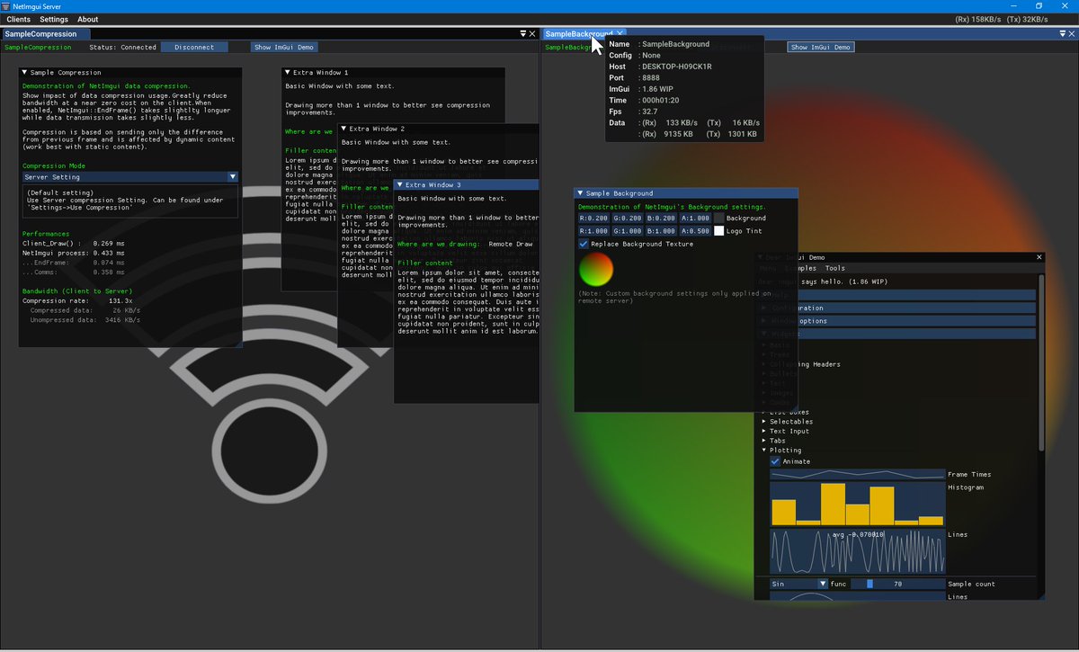 AionDev's tweet photo. #NetImgui 1.12 release
https://t.co/tJ7pGuj8rV
Add remote UI capabilities to apps using @ocornut's #dearimgui library. This version vastly improves communication speed that was a fps bottleneck.
#imgui https://t.co/81pw16s7Np