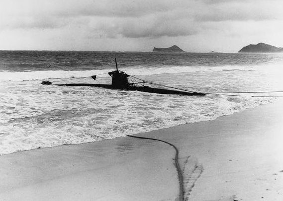 A Japanese Type A midget submarine is beached on Bellows Beach after it went aground following attempts to enter Pearl Harbor during the Dec. 7, 1941, Japanese attack. The photograph was taken on or shortly after Dec. 8, 1941. #PearlHarbor83