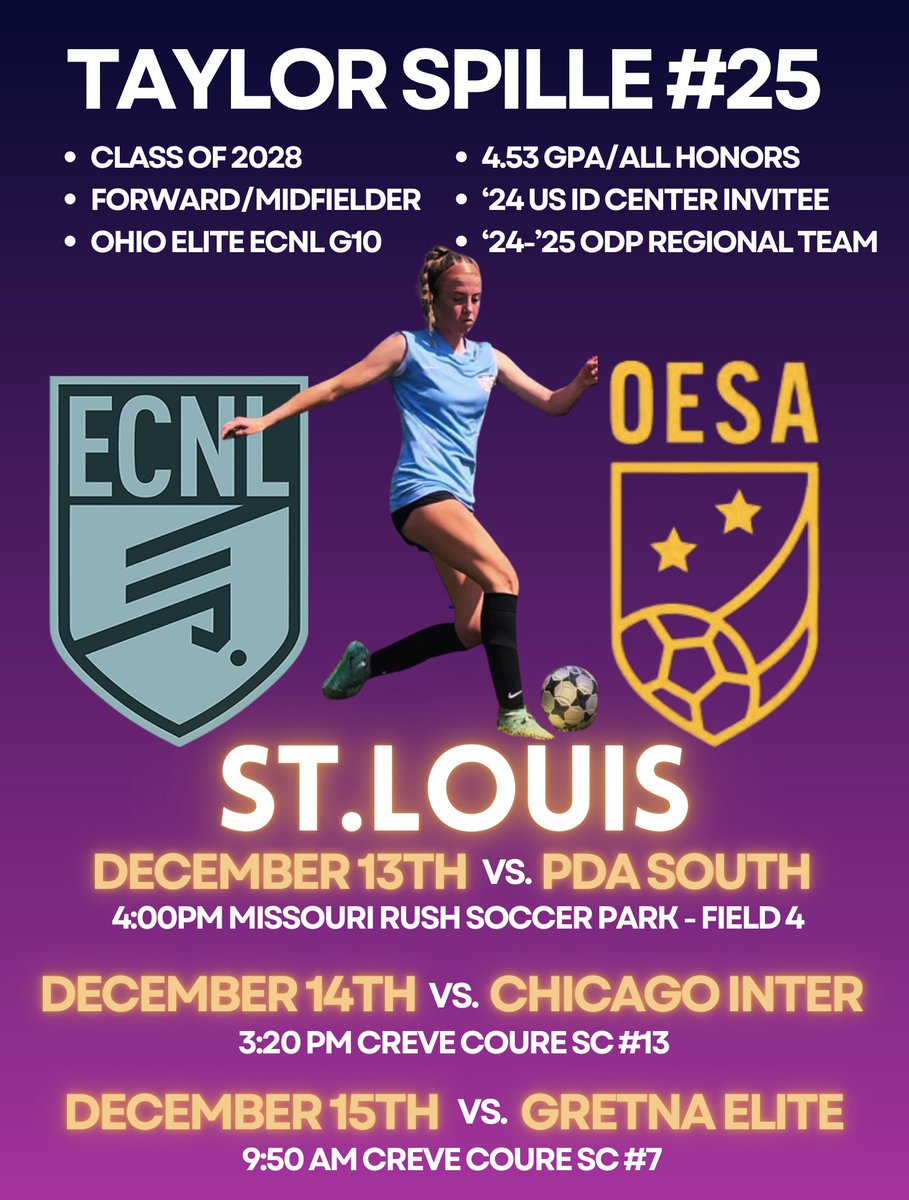 So pumped for the <a href="/ECNLgirls/">ECNL Girls</a> St. Louis event this week with @OhioEliteECNL! 

Here’s my game schedule:
📍 Dec. 13: PDA South – 4:00 PM at Missouri Rush Soccer Park #4
📍 Dec. 14: Chicago Inter – 3:20 PM at Creve Coure SC #13
📍 Dec. 15: Gretna Elite – 9:50 AM at Creve Coure SC #7
