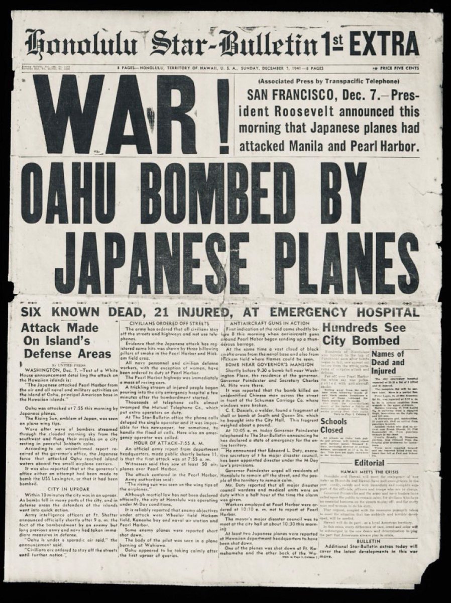 This was the front page of the afternoon paper in Honolulu on December 7, 1941. The headline was the stark reality of the day. #PearlHarbor83