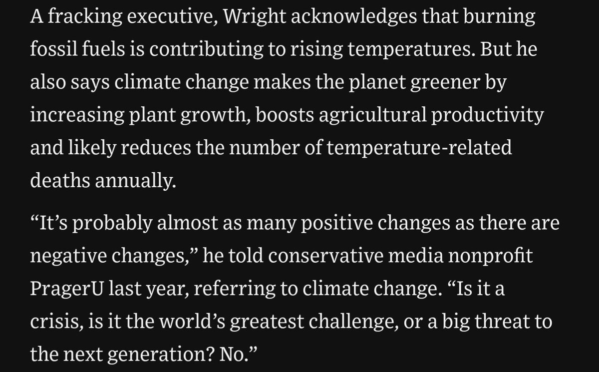 Those of us petrified of catastrophic climate change for our kids and grandkids need to win against this argument from Trump's Energy Sec-Designate. To be clear, much of what Wright says may turn out true this side of mid century. So we must make the clear-eyed argument of a