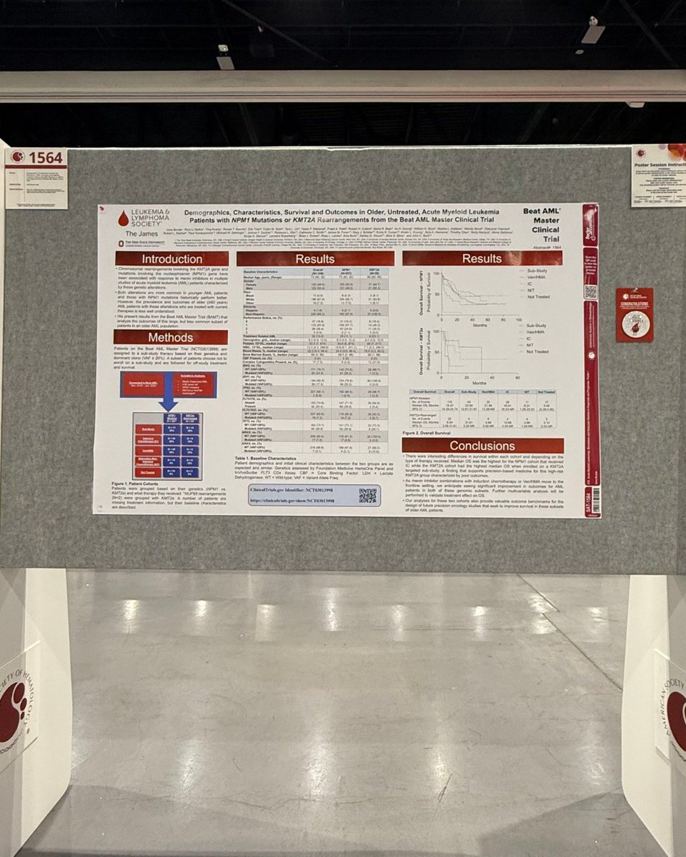 BloodCancerUtd's tweet photo. Hopeful update 🚨 Data from one of our #BeatAML subtrials with @beatalleukemia of @OSUCCC_James at #ASH24 shows the use of specific therapies in older adult #AML patients with certain genetic mutations is associated with better overall survival. This will help inform future clinical trials. 💡@ASH_hematology #leusm