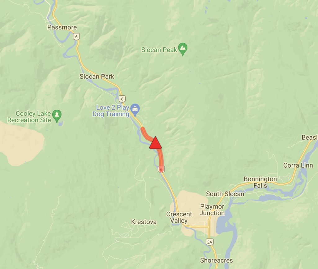 DriveBC's tweet photo. ⛔️CLOSED #BCHwy6N - Downed hydro lines between Kosiancic Rd and Cunningham Rd has the road closed in both directions. Crews on scene. No detour available. #CrescentValleyBC #SlocanBC
ℹ️For more info: https://t.co/OZLFNKQD34 https://t.co/TunmromhS4