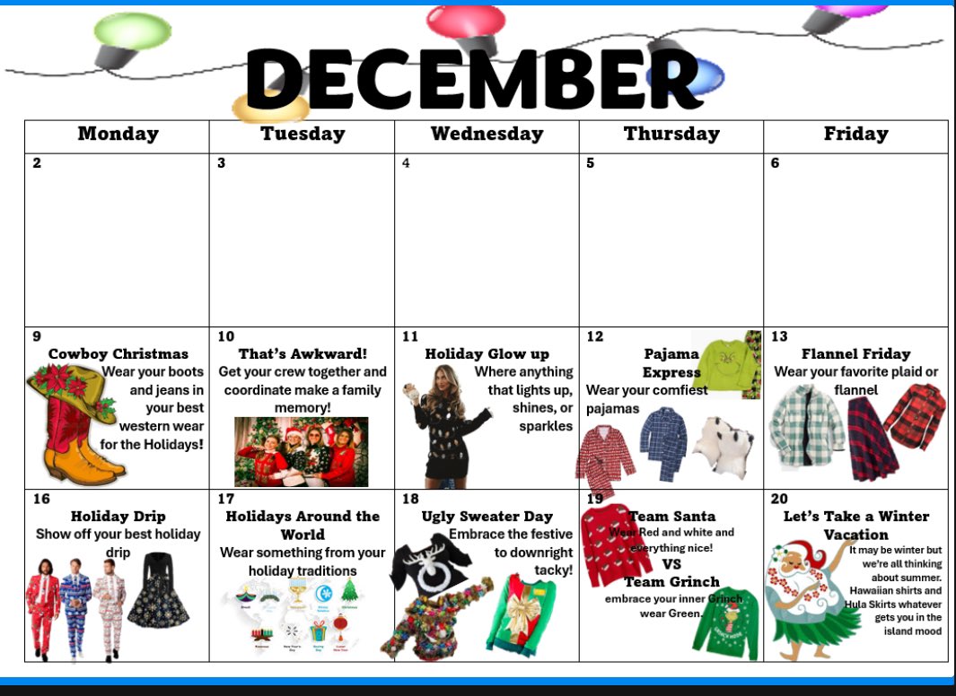 ClearBrookHS's tweet photo. Students, we invite you to join in on the Dress Up Days. Please see the calendar below! 🎄#weareclearbrook #onaquest #sparkingexcellence https://t.co/fAJ9pDD1pT