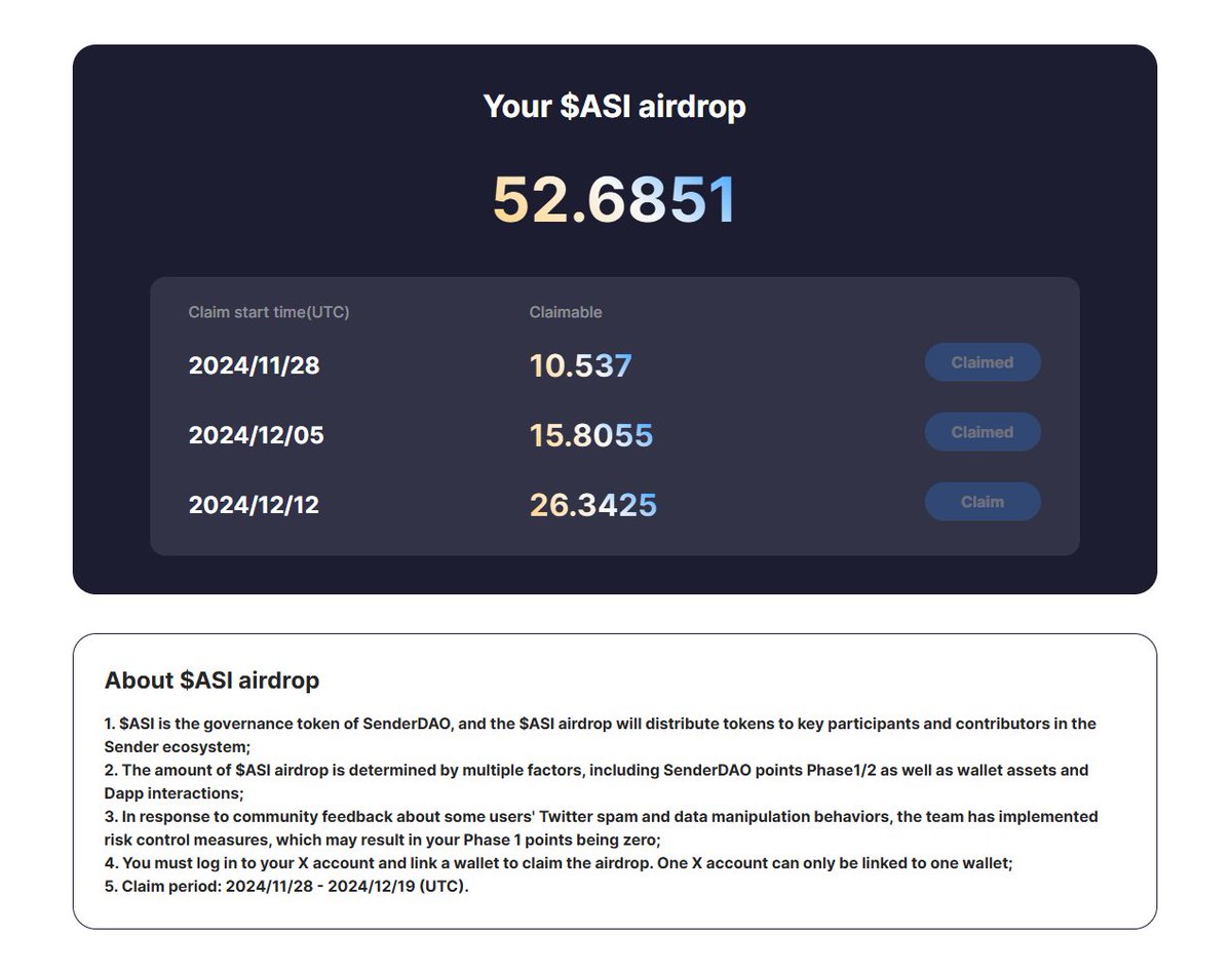 vivio_kk4's tweet image. #senderlab から $ASI のエアドロップがはじまってますね。12月19日までのようです。クレームお忘れなく👍