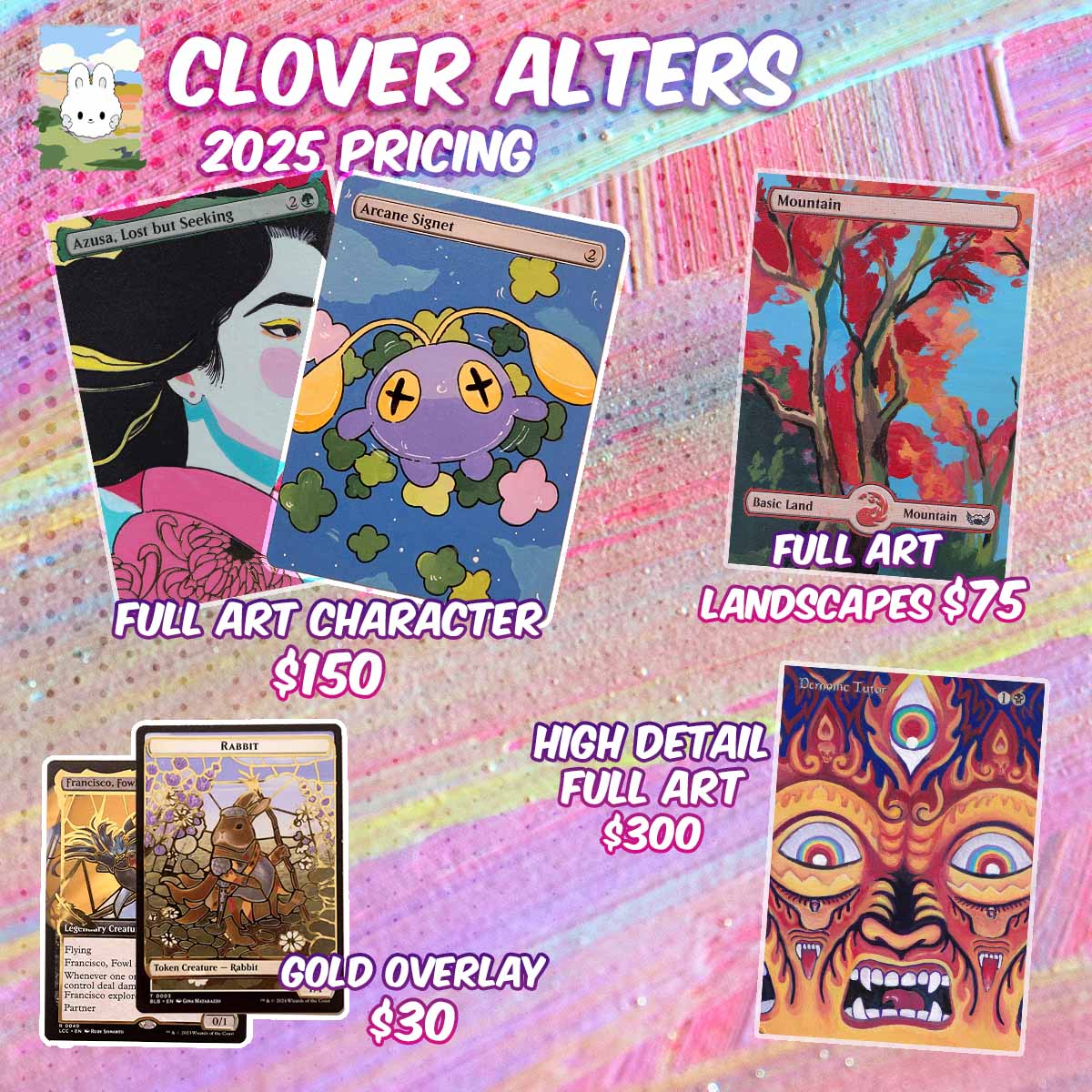 cloveralters's tweet image. Here is my pricing guide for 2025! If you want to get on my list for January, DM me!
- Pricing in USD, does not include card prices or shipping.
- Payment via Paypal only!