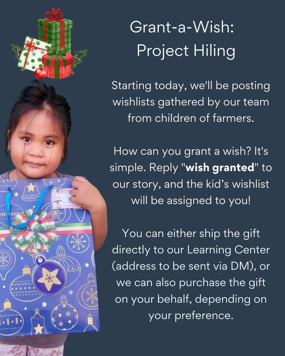 forourfarmers's tweet photo. 🎄✨ We’re thrilled to kick off Project Hiling: Year 2! From now until December 23, we’re sharing the wishlists of children from the agri-fishery sector.  

Want to grant a wish? 🎁 DM us, and we’ll assign you a wishlist! 💫  

#ProjectHiling #MaligayangPasko https://t.co/83zPjYvnOo