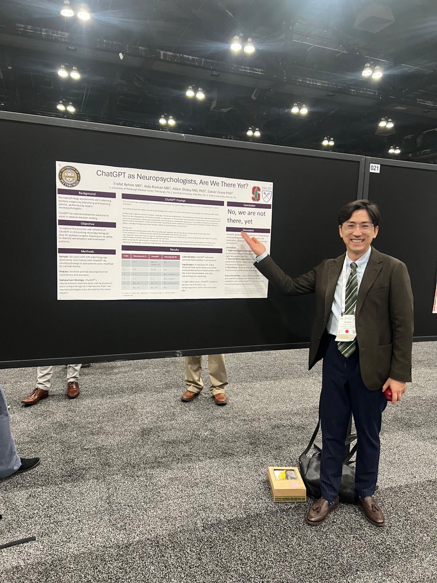 Grateful for the incredible engagement at our poster today! 
Thank you to everyone who stopped by, shared insights, and sparked meaningful discussions!

To my dear neuropsychologist colleagues- ChatGPT is not there, yet.

#AES2024 <a href="/AmEpilepsySoc/">American Epilepsy Society</a>