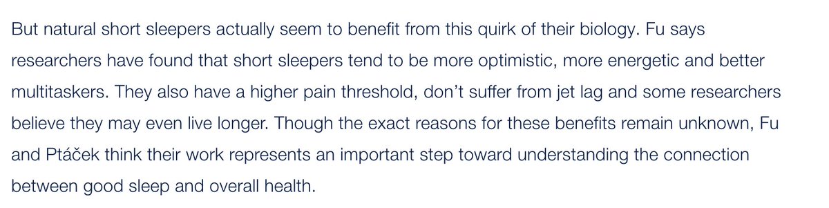 This is super unfair. There is a single gene mutation that makes some people need less sleep AND more energetic, optimistic, better at multitasking, and less prone to jet lag? ucsf.edu/news/2019/08/4…