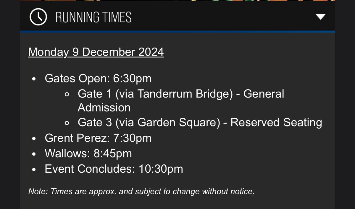 wallowsaus's tweet photo. runnings times for tonight in melbourne @ margaret court arena 

as always vip check-in is 5:30 https://t.co/dRWlFIGzO6