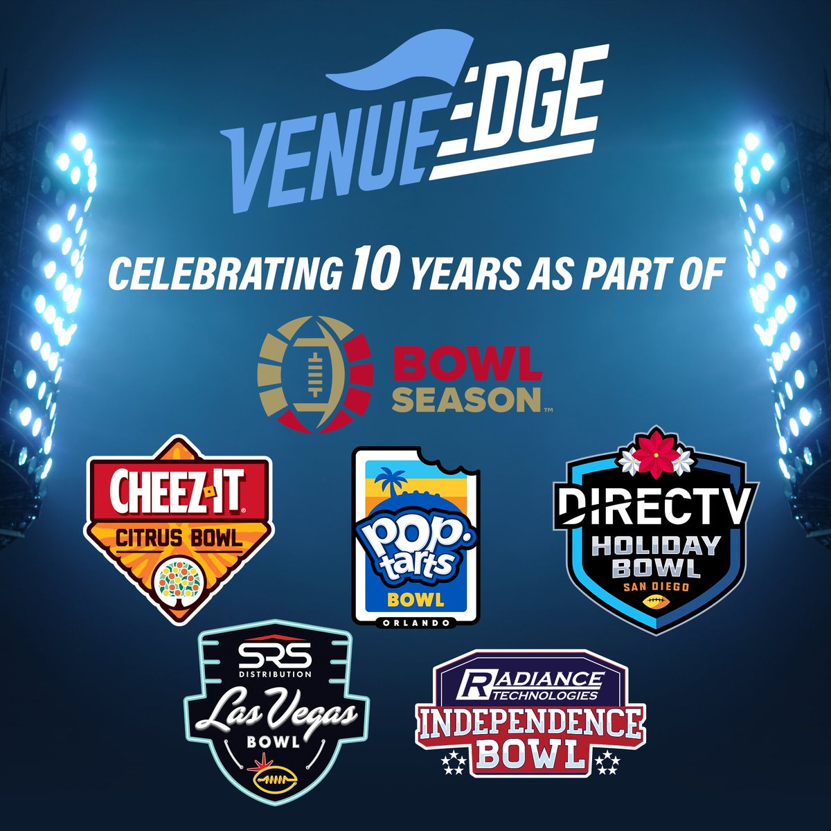Venue Edge (@venueedge) on Twitter photo We are excited to be entering our 10th <a href="/BowlSeason/">Bowl Season</a>
Thankful for these great partners and looking forward to another exciting season! We are excited to be entering our 10th <a href="/BowlSeason/">Bowl Season</a>
Thankful for these great partners and looking forward to another exciting season!