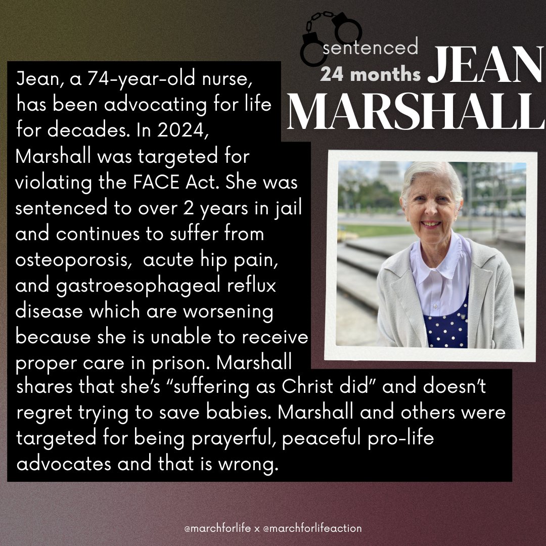 Jean Marshall was unjustly targeted by the weaponized FACE Act for peacefully protesting the horrors of abortions. We encourage President @realdonaldtrump to secure her release on Day 1.