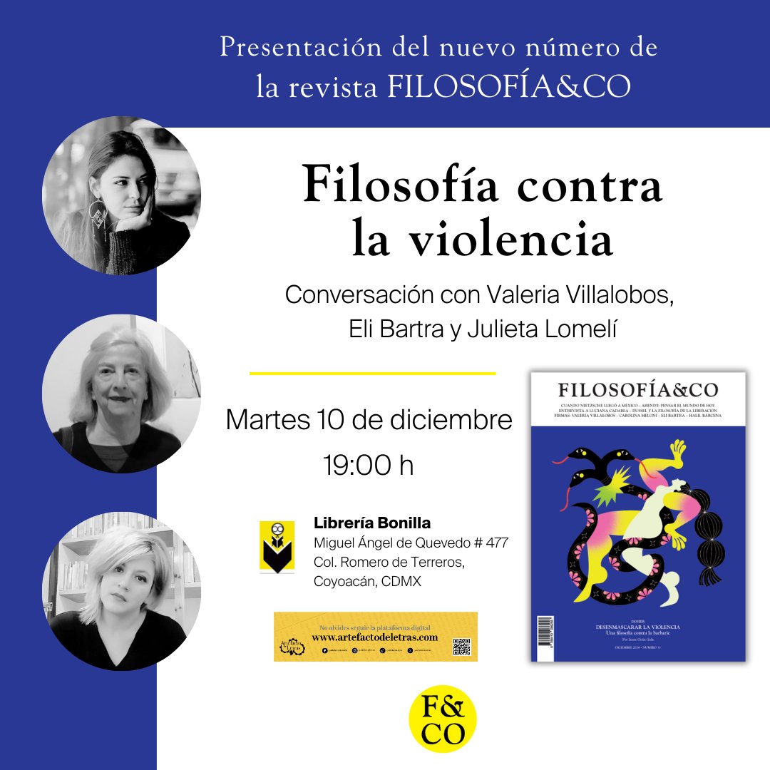 ➡️ ¡Os esperamos el martes a las 19 h en librería Bonilla!

🗣️Valeria Villalobos <a href="/vil_val/">Valeria Villalobos-G</a>, Eli Bartra y Julieta Lomelí <a href="/julietabalver/">@julietabalver</a> hablarán de filosofía contra la violencia y presentarán el nuevo número de nuestra revista 👇

<a href="/LibreriaBoniMx/">Librería Bonilla</a>  <a href="/herder_mexico/">Librería Herder México</a>